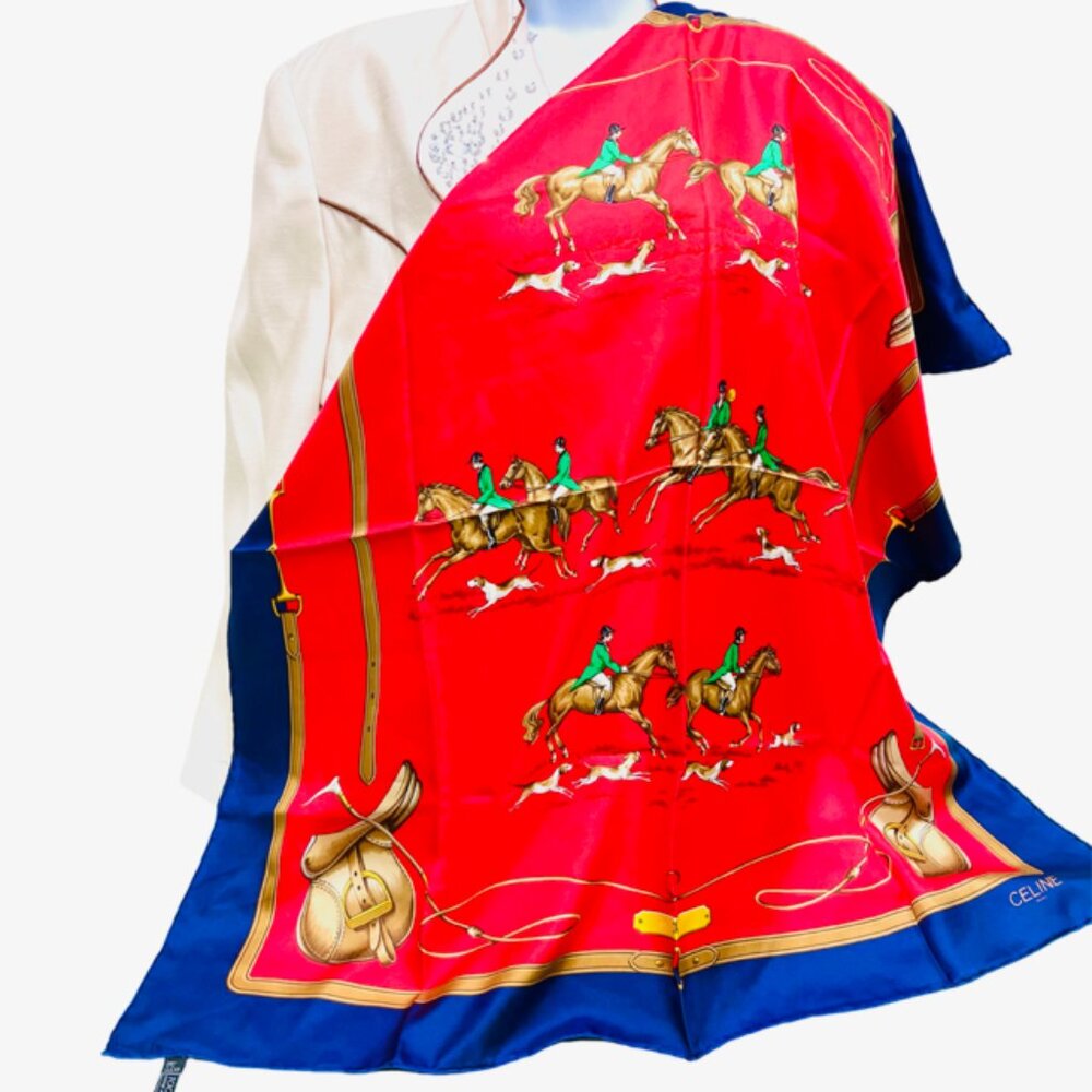 Unused-CELINE Paris 100% SilkScarf 34" x34" Red Blue Hourses Dogs Italy Made(59 - Picture 8 of 15
